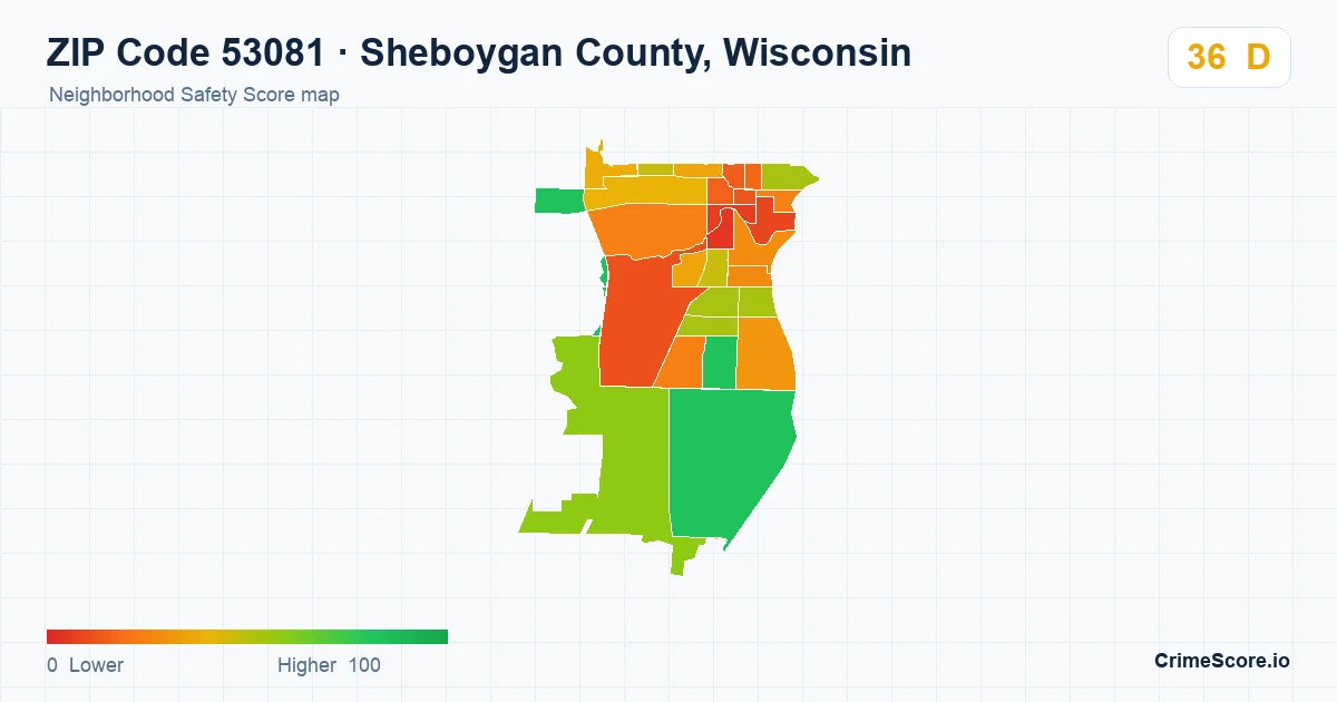 ZIP Code 53081 in Sheboygan County, Wisconsin neighborhood Safety Score map