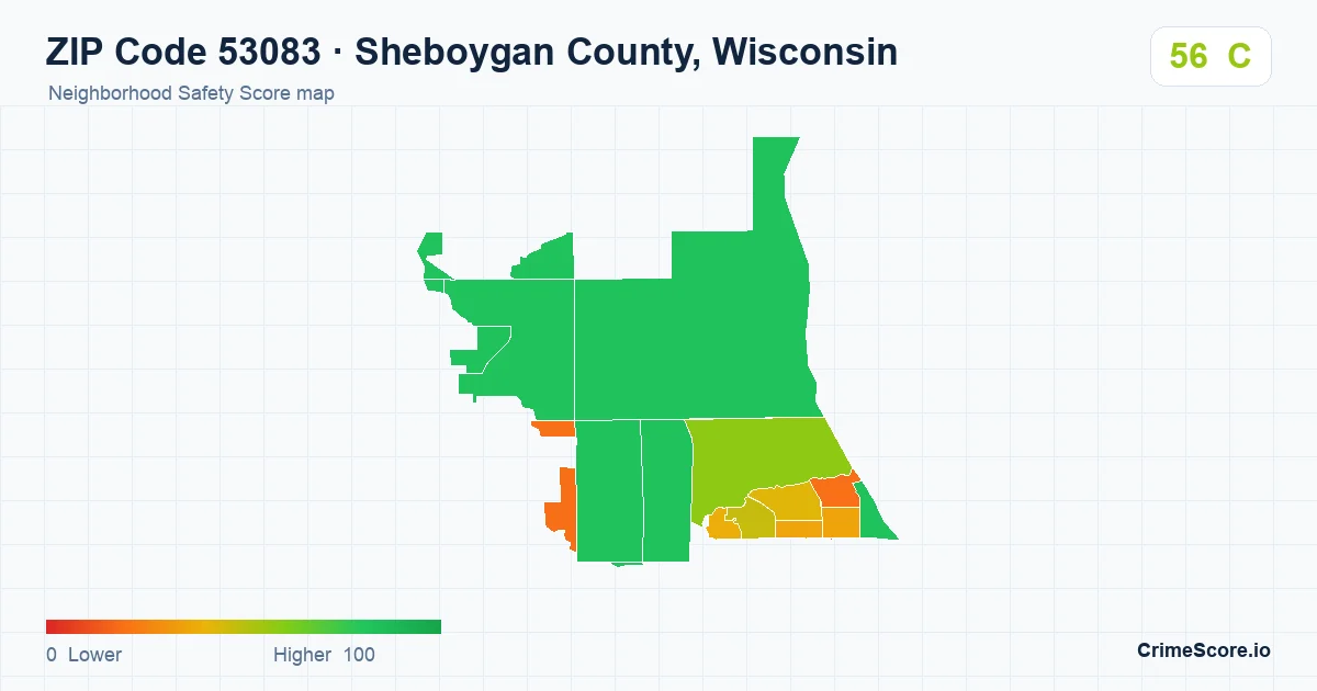 ZIP Code 53083 in Sheboygan County, Wisconsin neighborhood Safety Score map