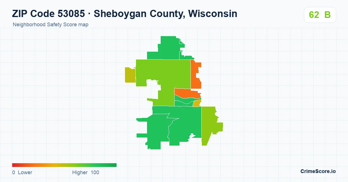 ZIP Code 53085 in Sheboygan County, Wisconsin neighborhood Safety Score map