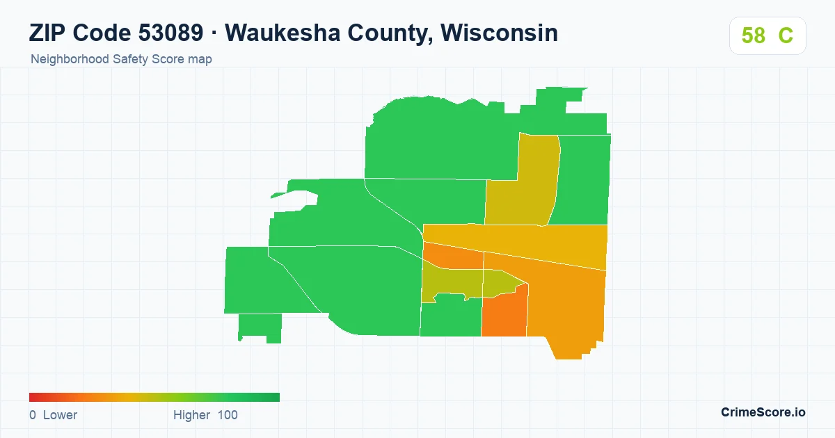 ZIP Code 53089 in Waukesha County, Wisconsin neighborhood Safety Score map
