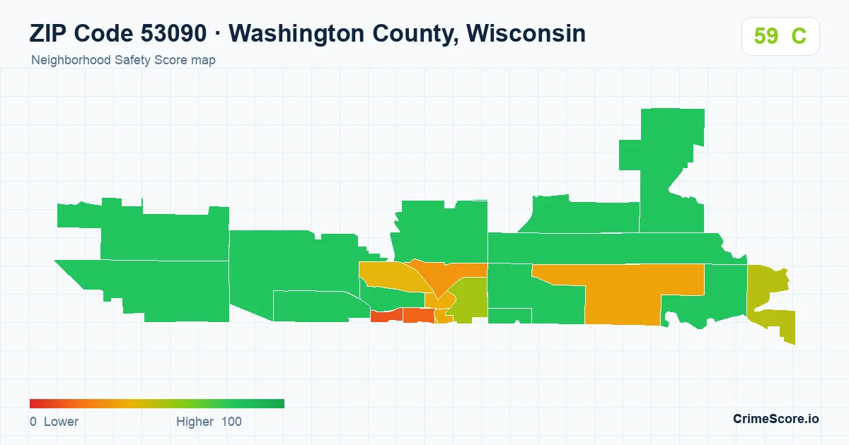ZIP Code 53090 in Washington County, Wisconsin neighborhood Safety Score map