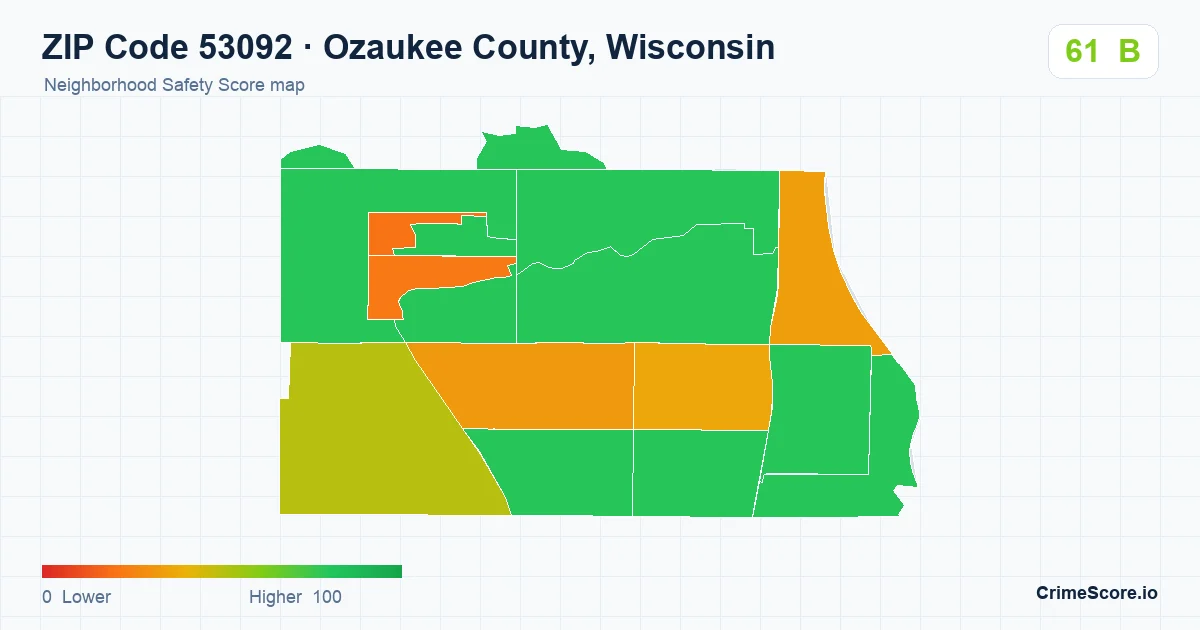 ZIP Code 53092 in Ozaukee County, Wisconsin neighborhood Safety Score map