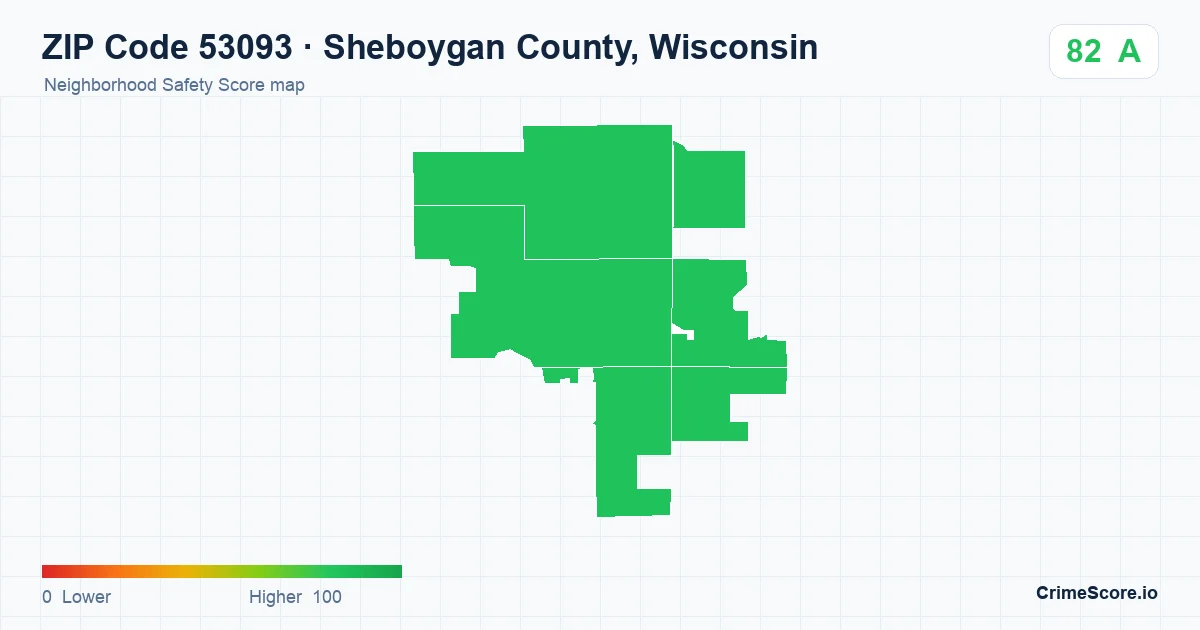 ZIP Code 53093 in Sheboygan County, Wisconsin neighborhood Safety Score map