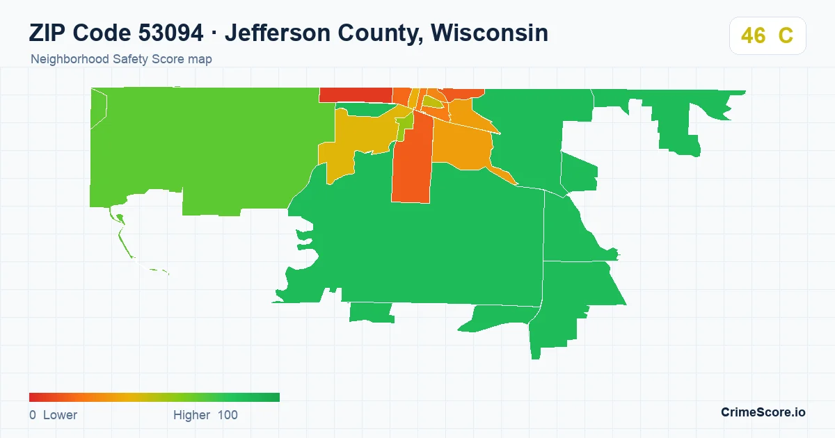 ZIP Code 53094 in Jefferson County, Wisconsin neighborhood Safety Score map