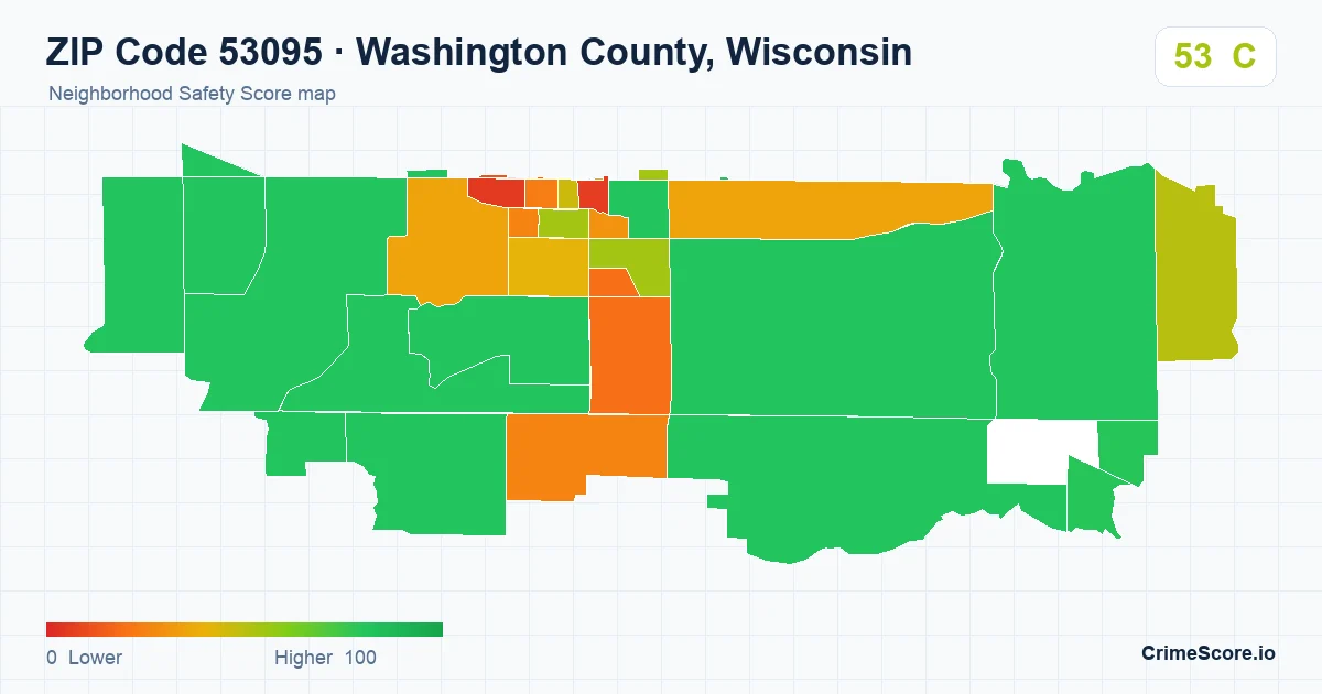 ZIP Code 53095 in Washington County, Wisconsin neighborhood Safety Score map