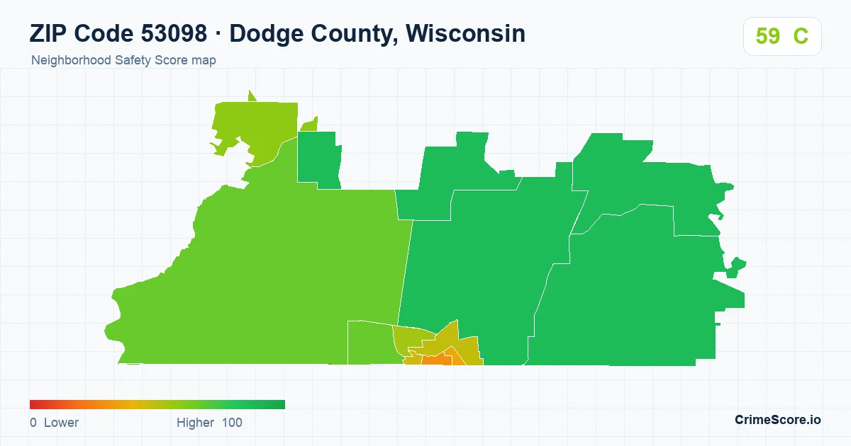 ZIP Code 53098 in Dodge County, Wisconsin neighborhood Safety Score map