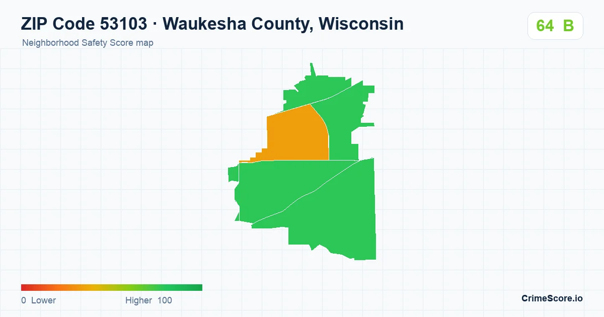 ZIP Code 53103 in Waukesha County, Wisconsin neighborhood Safety Score map