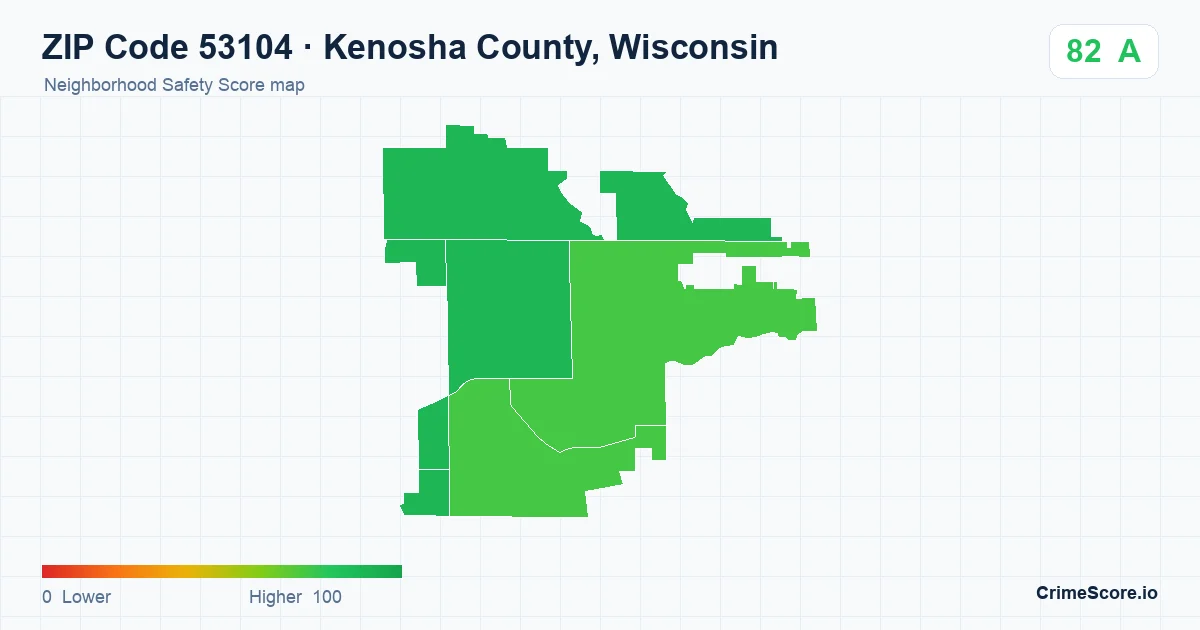 ZIP Code 53104 in Kenosha County, Wisconsin neighborhood Safety Score map
