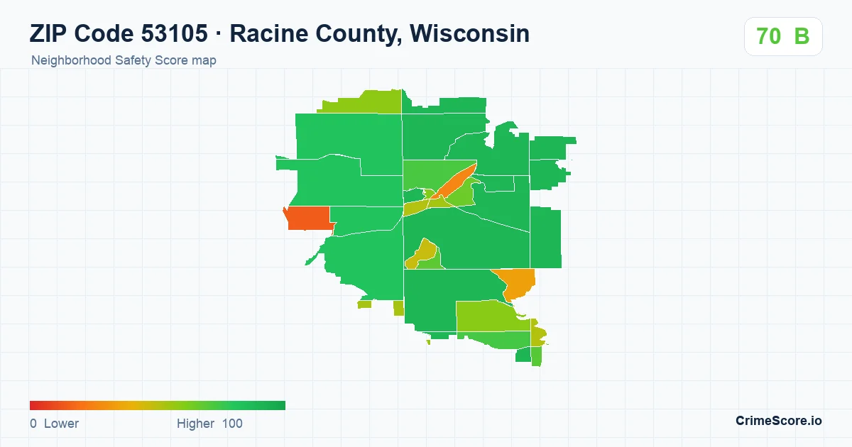 ZIP Code 53105 in Racine County, Wisconsin neighborhood Safety Score map