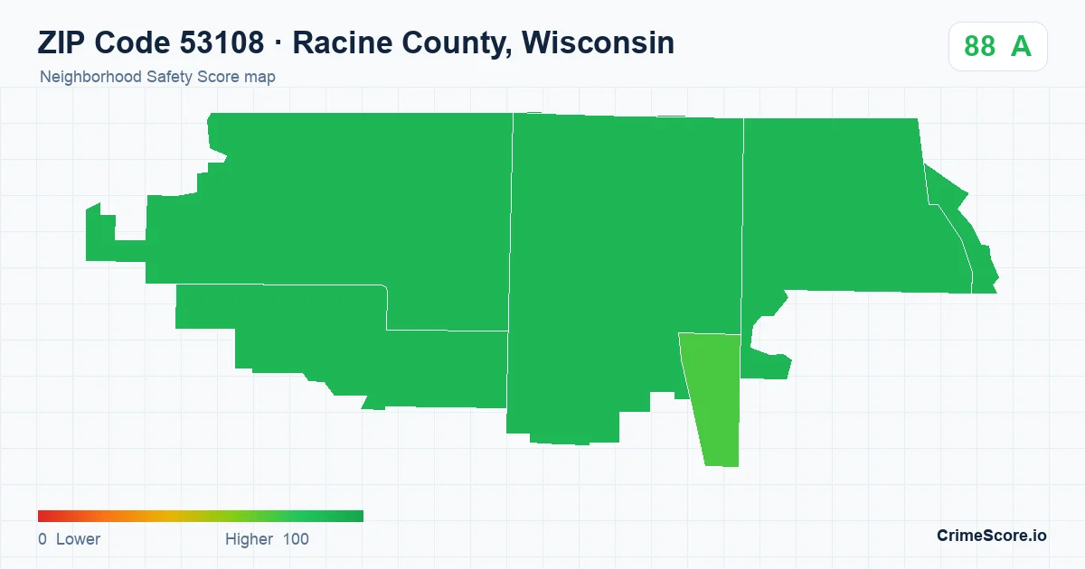 ZIP Code 53108 in Racine County, Wisconsin neighborhood Safety Score map