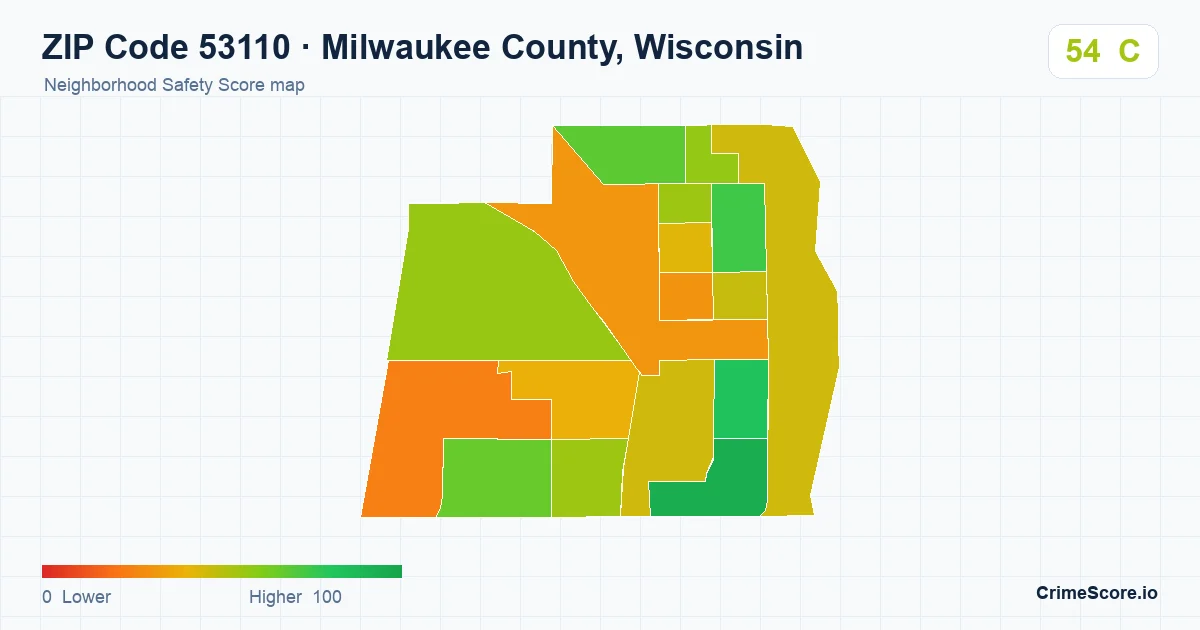 ZIP Code 53110 in Milwaukee County, Wisconsin neighborhood Safety Score map