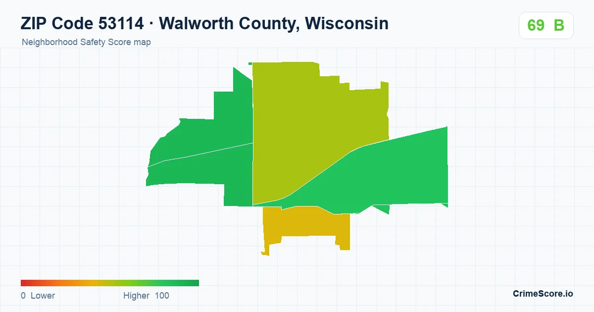 ZIP Code 53114 in Walworth County, Wisconsin neighborhood Safety Score map