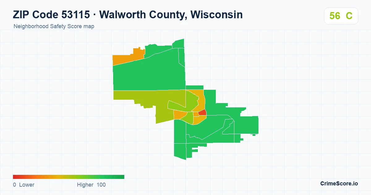 ZIP Code 53115 in Walworth County, Wisconsin neighborhood Safety Score map