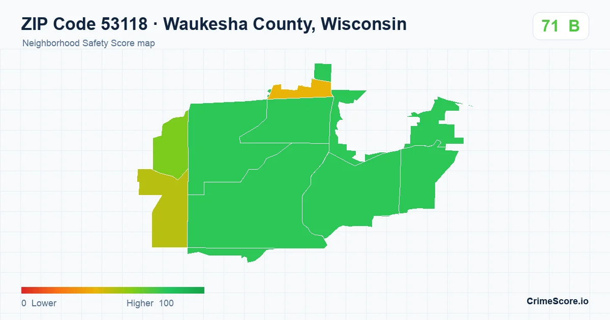 ZIP Code 53118 in Waukesha County, Wisconsin neighborhood Safety Score map