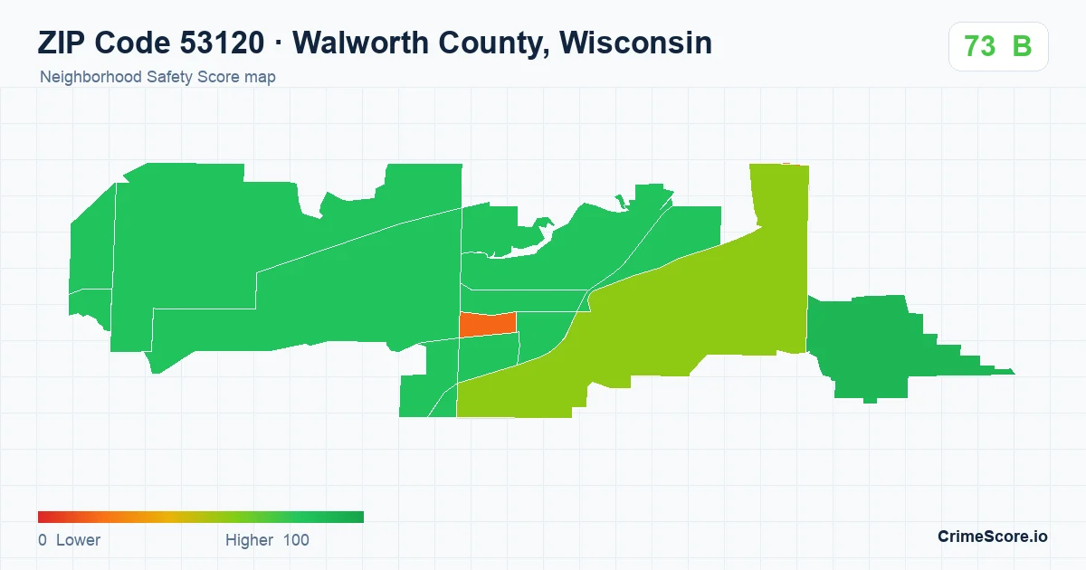 ZIP Code 53120 in Walworth County, Wisconsin neighborhood Safety Score map