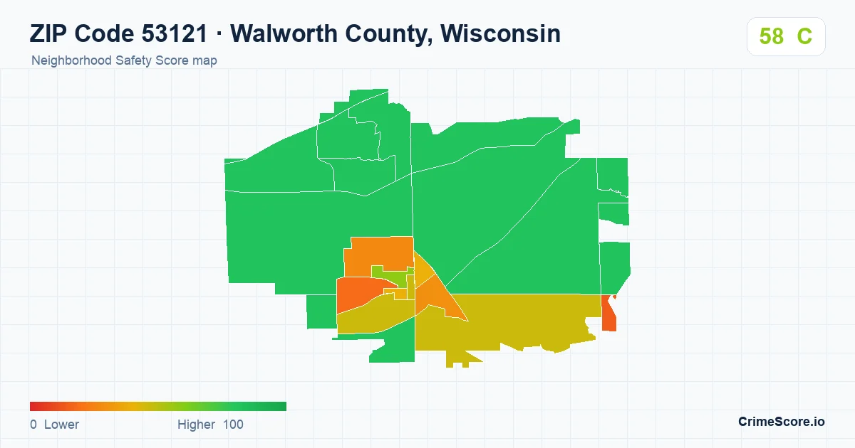 ZIP Code 53121 in Walworth County, Wisconsin neighborhood Safety Score map