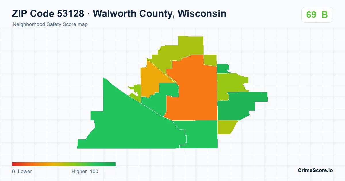 ZIP Code 53128 in Walworth County, Wisconsin neighborhood Safety Score map