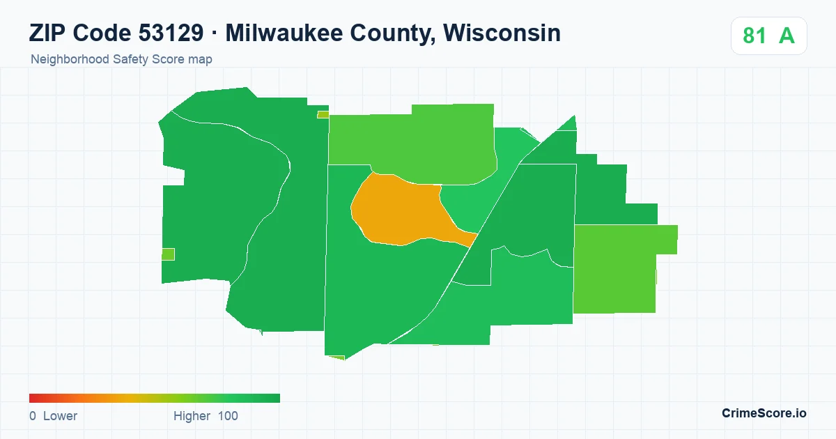 ZIP Code 53129 in Milwaukee County, Wisconsin neighborhood Safety Score map