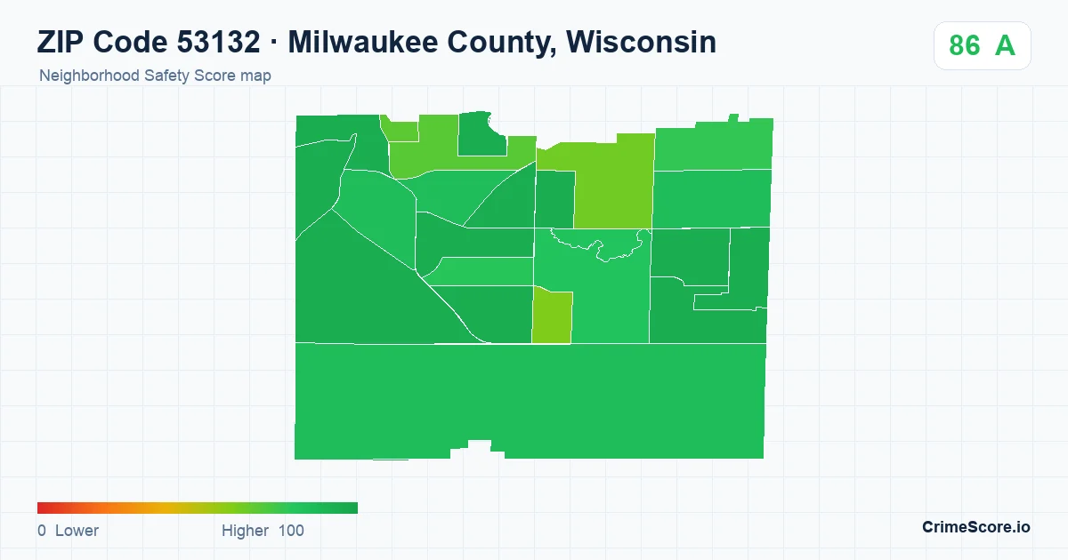 ZIP Code 53132 in Milwaukee County, Wisconsin neighborhood Safety Score map