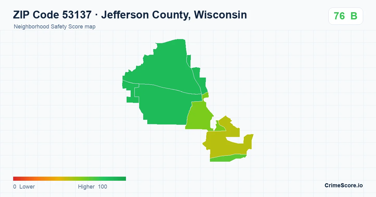 ZIP Code 53137 in Jefferson County, Wisconsin neighborhood Safety Score map