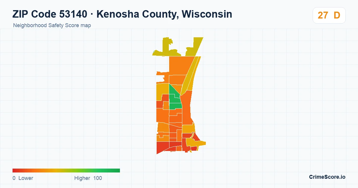 ZIP Code 53140 in Kenosha County, Wisconsin neighborhood Safety Score map