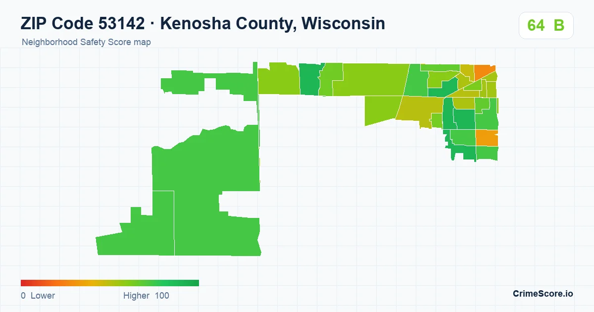 ZIP Code 53142 in Kenosha County, Wisconsin neighborhood Safety Score map