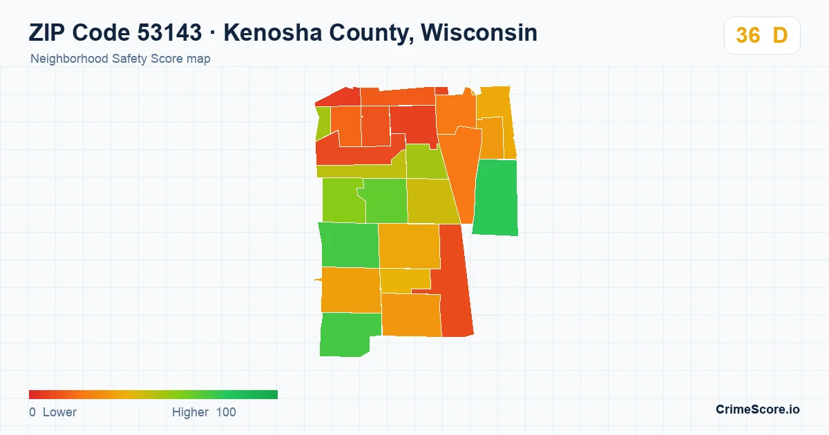 ZIP Code 53143 in Kenosha County, Wisconsin neighborhood Safety Score map