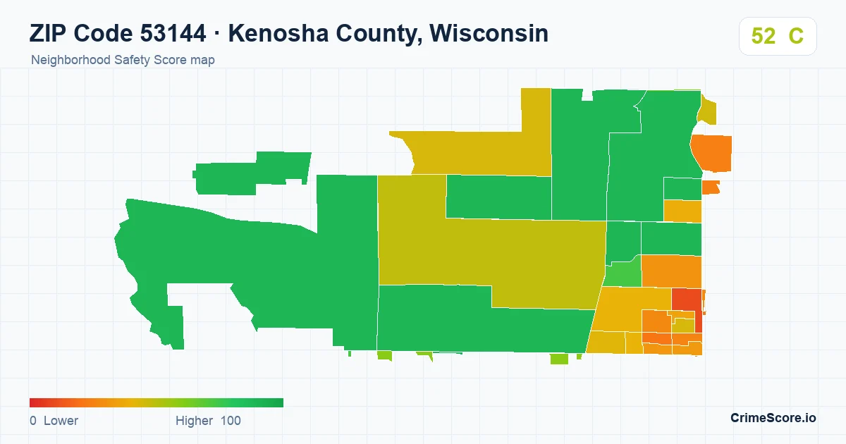 ZIP Code 53144 in Kenosha County, Wisconsin neighborhood Safety Score map