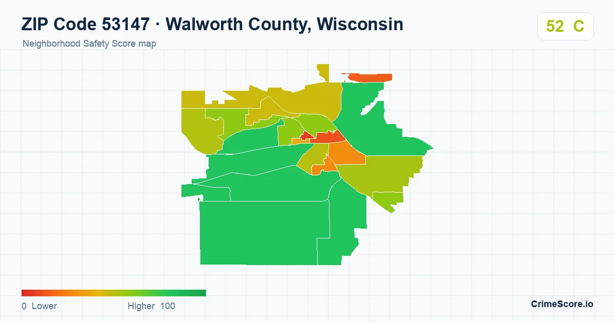 ZIP Code 53147 in Walworth County, Wisconsin neighborhood Safety Score map