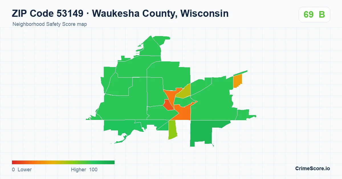 ZIP Code 53149 in Waukesha County, Wisconsin neighborhood Safety Score map