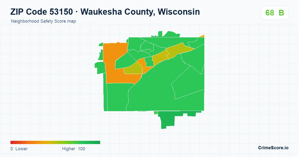 ZIP Code 53150 in Waukesha County, Wisconsin neighborhood Safety Score map