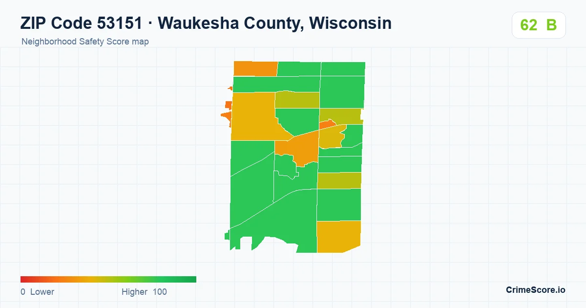 ZIP Code 53151 in Waukesha County, Wisconsin neighborhood Safety Score map