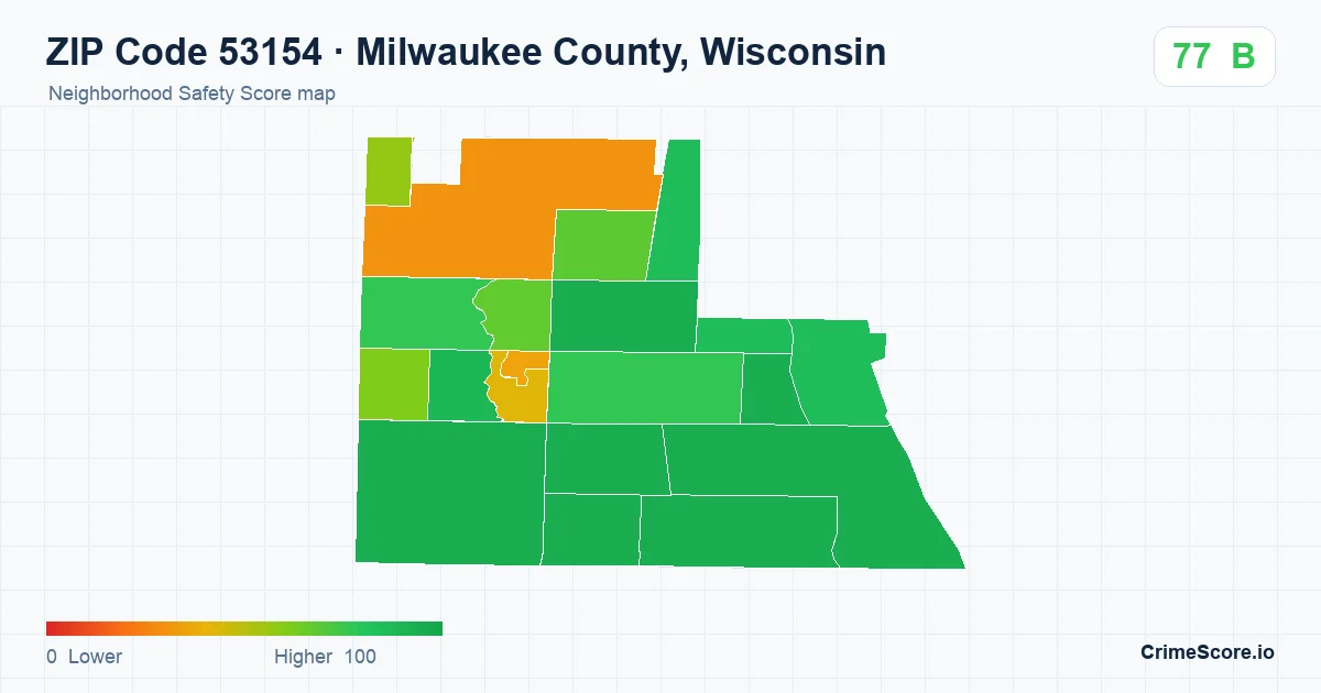 ZIP Code 53154 in Milwaukee County, Wisconsin neighborhood Safety Score map