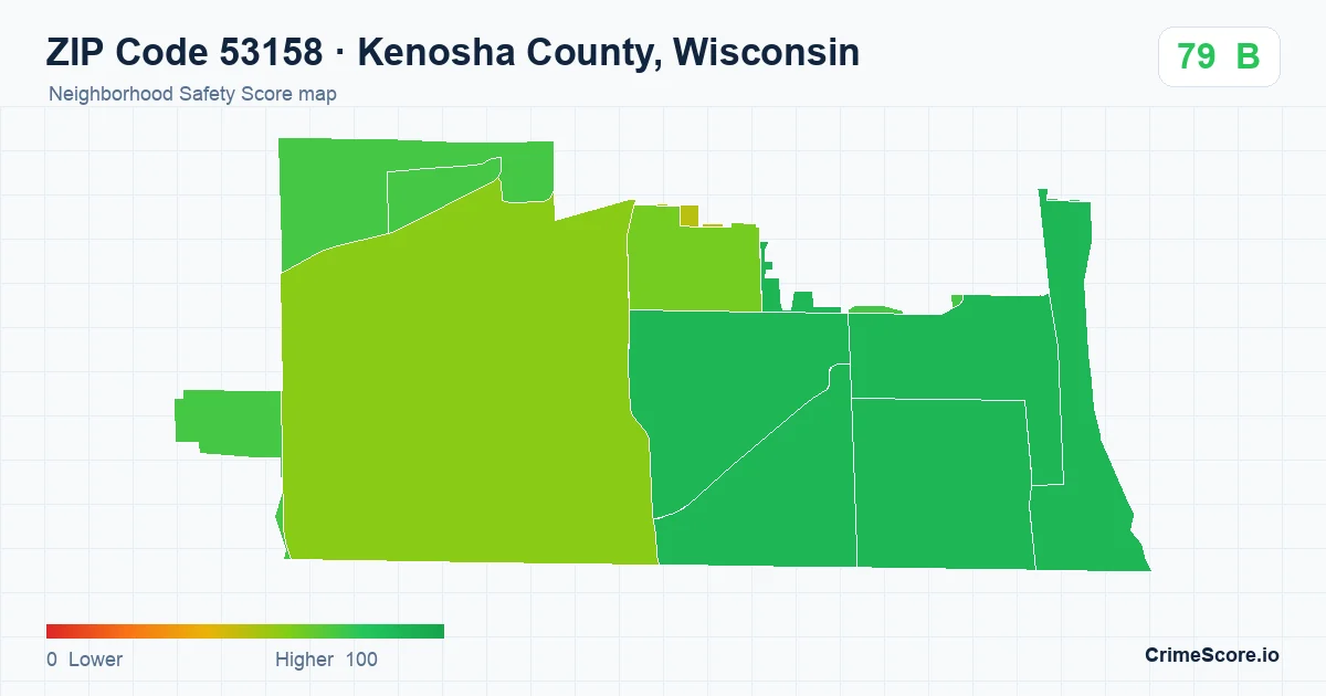 ZIP Code 53158 in Kenosha County, Wisconsin neighborhood Safety Score map