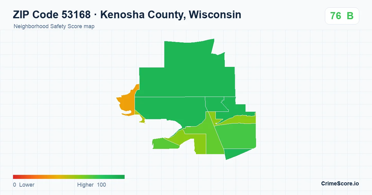 ZIP Code 53168 in Kenosha County, Wisconsin neighborhood Safety Score map