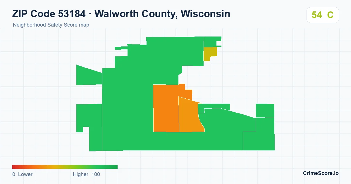 ZIP Code 53184 in Walworth County, Wisconsin neighborhood Safety Score map