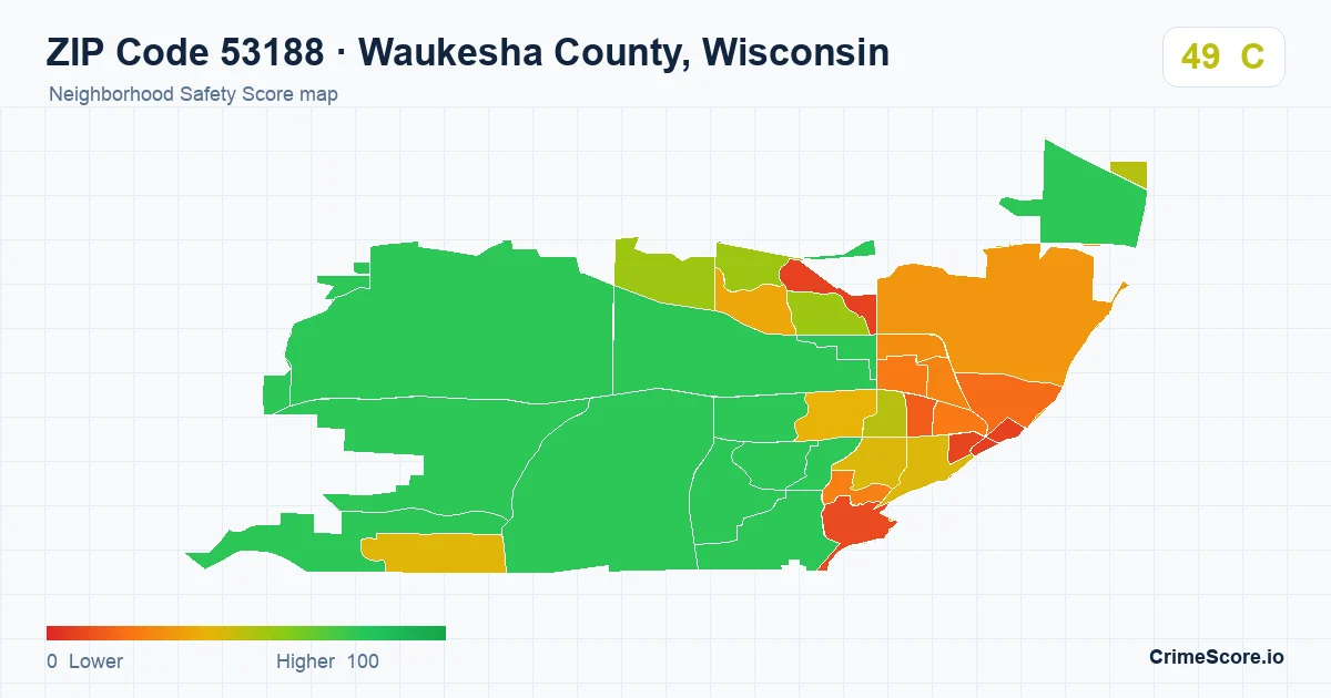 ZIP Code 53188 in Waukesha County, Wisconsin neighborhood Safety Score map