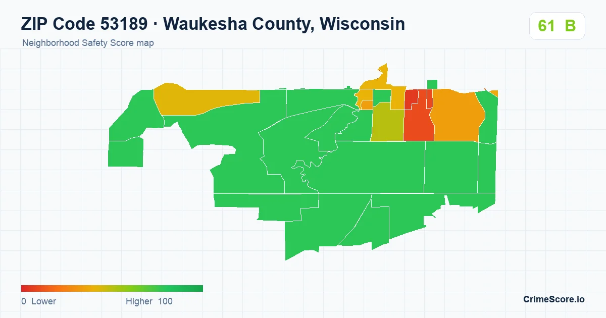 ZIP Code 53189 in Waukesha County, Wisconsin neighborhood Safety Score map