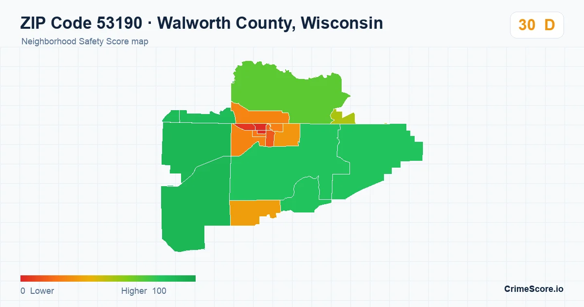 ZIP Code 53190 in Walworth County, Wisconsin neighborhood Safety Score map