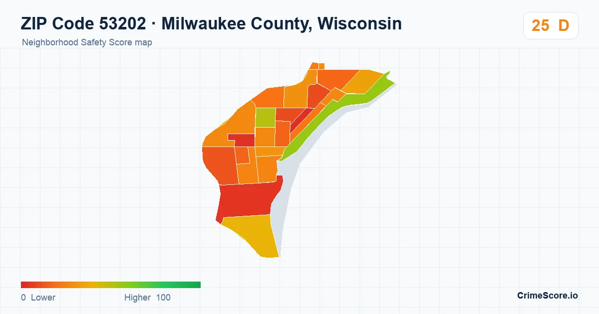 ZIP Code 53202 in Milwaukee County, Wisconsin neighborhood Safety Score map