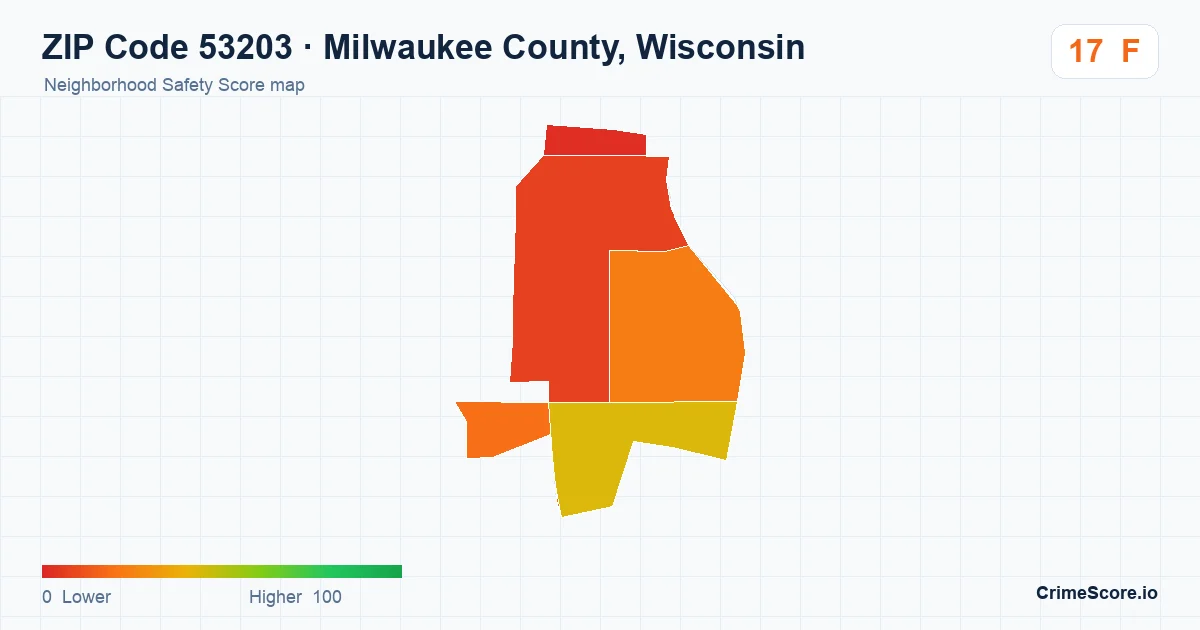 ZIP Code 53203 in Milwaukee County, Wisconsin neighborhood Safety Score map