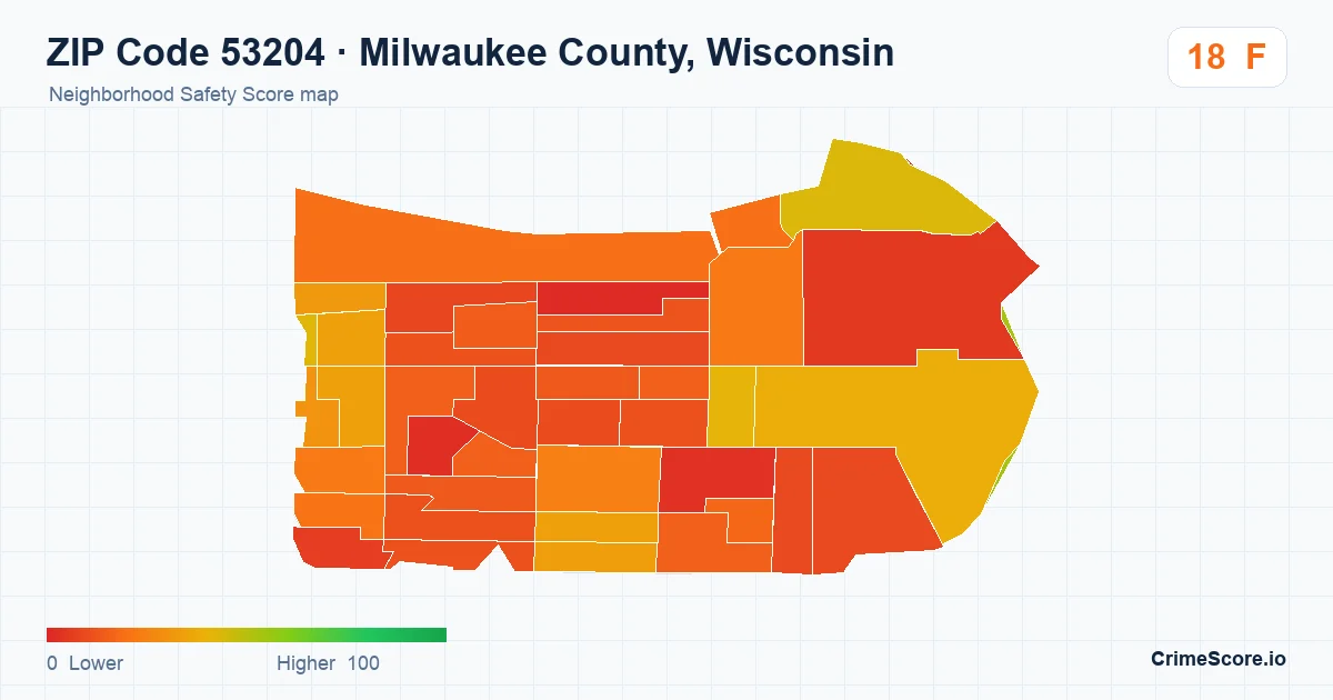 ZIP Code 53204 in Milwaukee County, Wisconsin neighborhood Safety Score map