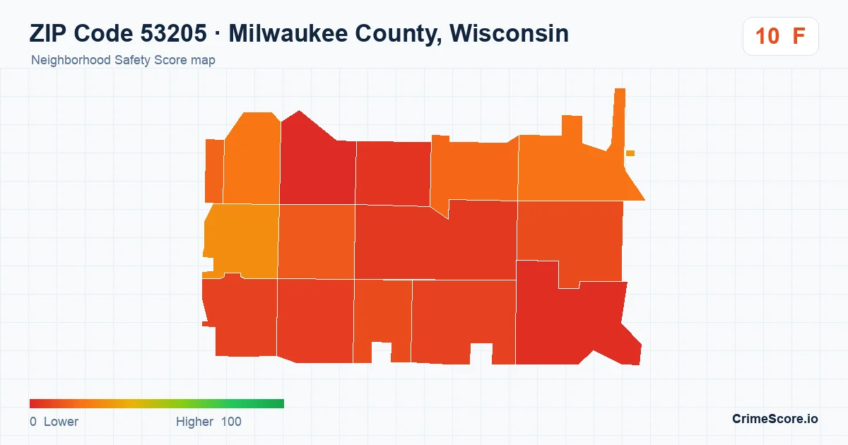 ZIP Code 53205 in Milwaukee County, Wisconsin neighborhood Safety Score map