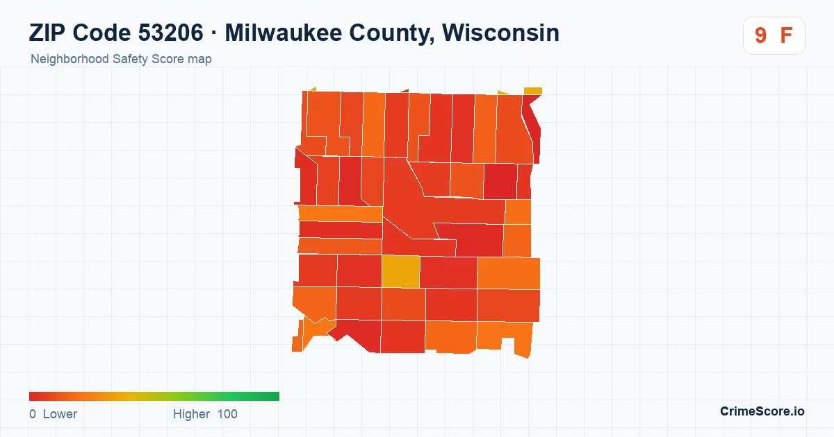 ZIP Code 53206 in Milwaukee County, Wisconsin neighborhood Safety Score map