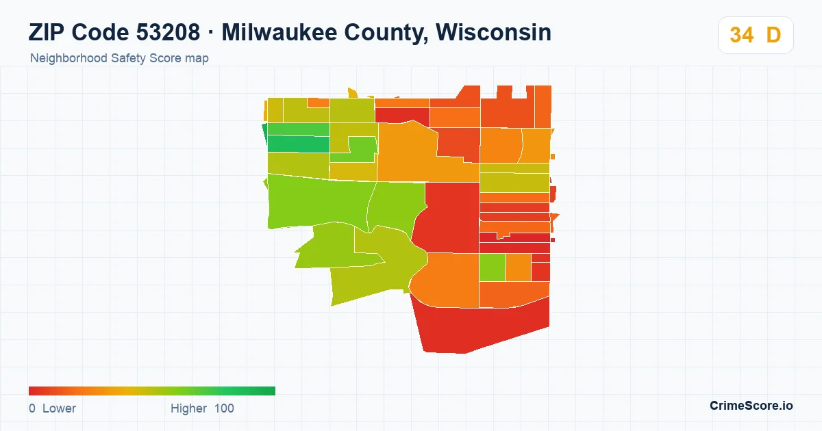 ZIP Code 53208 in Milwaukee County, Wisconsin neighborhood Safety Score map