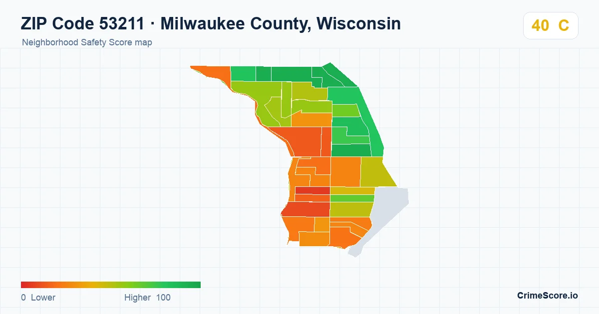 ZIP Code 53211 in Milwaukee County, Wisconsin neighborhood Safety Score map