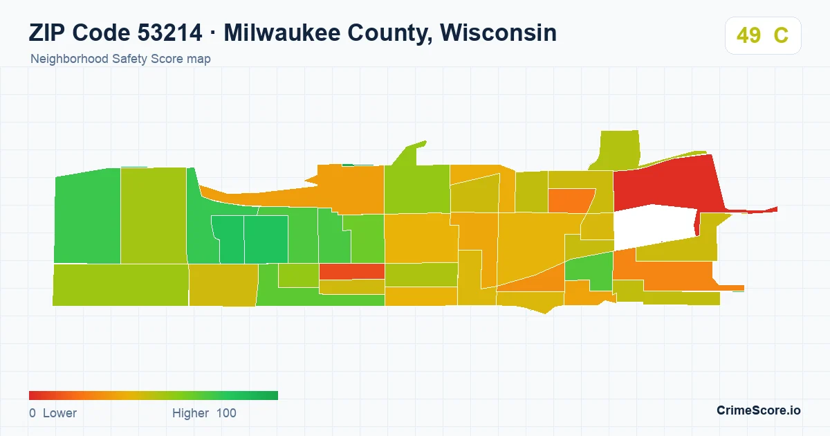 ZIP Code 53214 in Milwaukee County, Wisconsin neighborhood Safety Score map