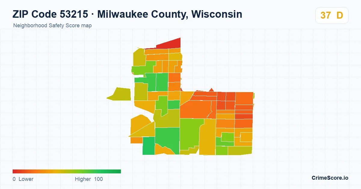 ZIP Code 53215 in Milwaukee County, Wisconsin neighborhood Safety Score map