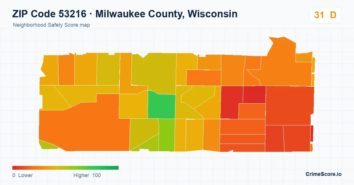 ZIP Code 53216 in Milwaukee County, Wisconsin neighborhood Safety Score map