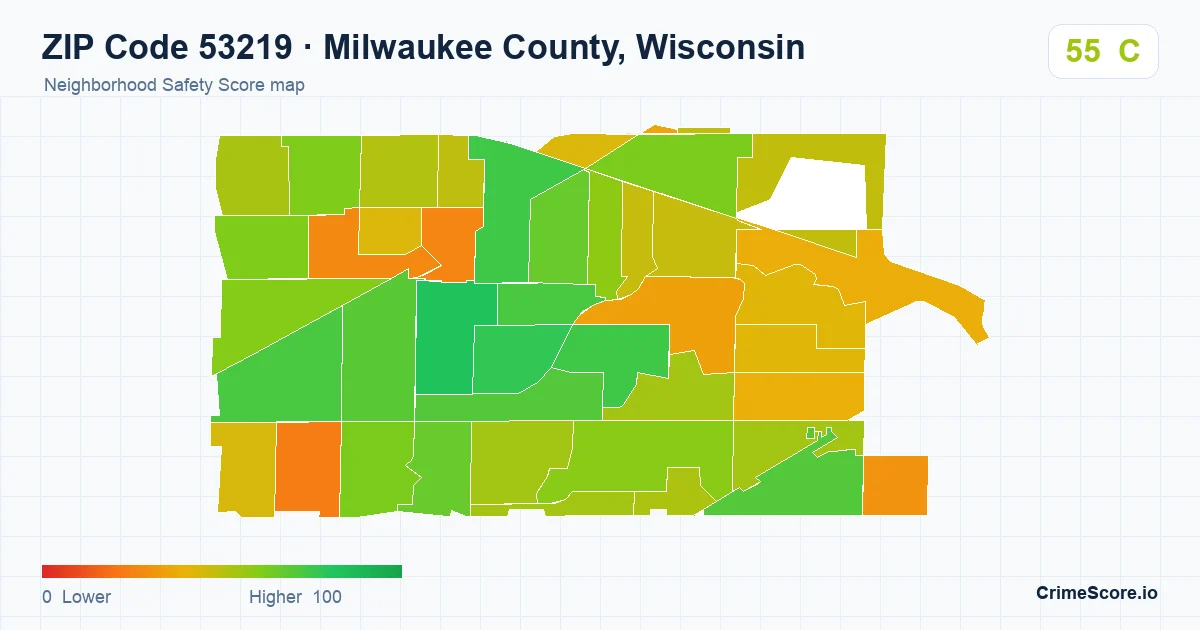 ZIP Code 53219 in Milwaukee County, Wisconsin neighborhood Safety Score map